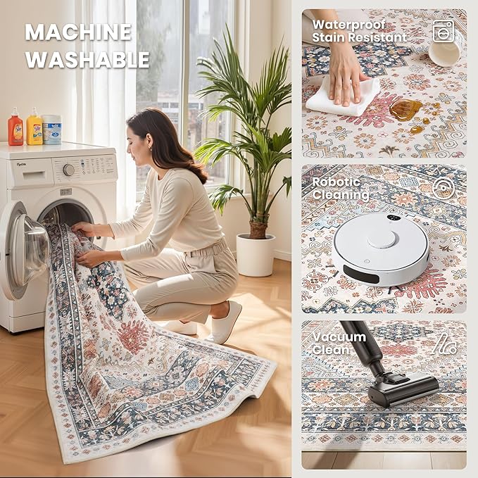 zesthome 7x9 Area Rugs for Living Room,Non-Slip Backing Washable Rugs,Vintage Large Area Rug，Stain Resistant Home Decor Rug (Multi,7'x9')
