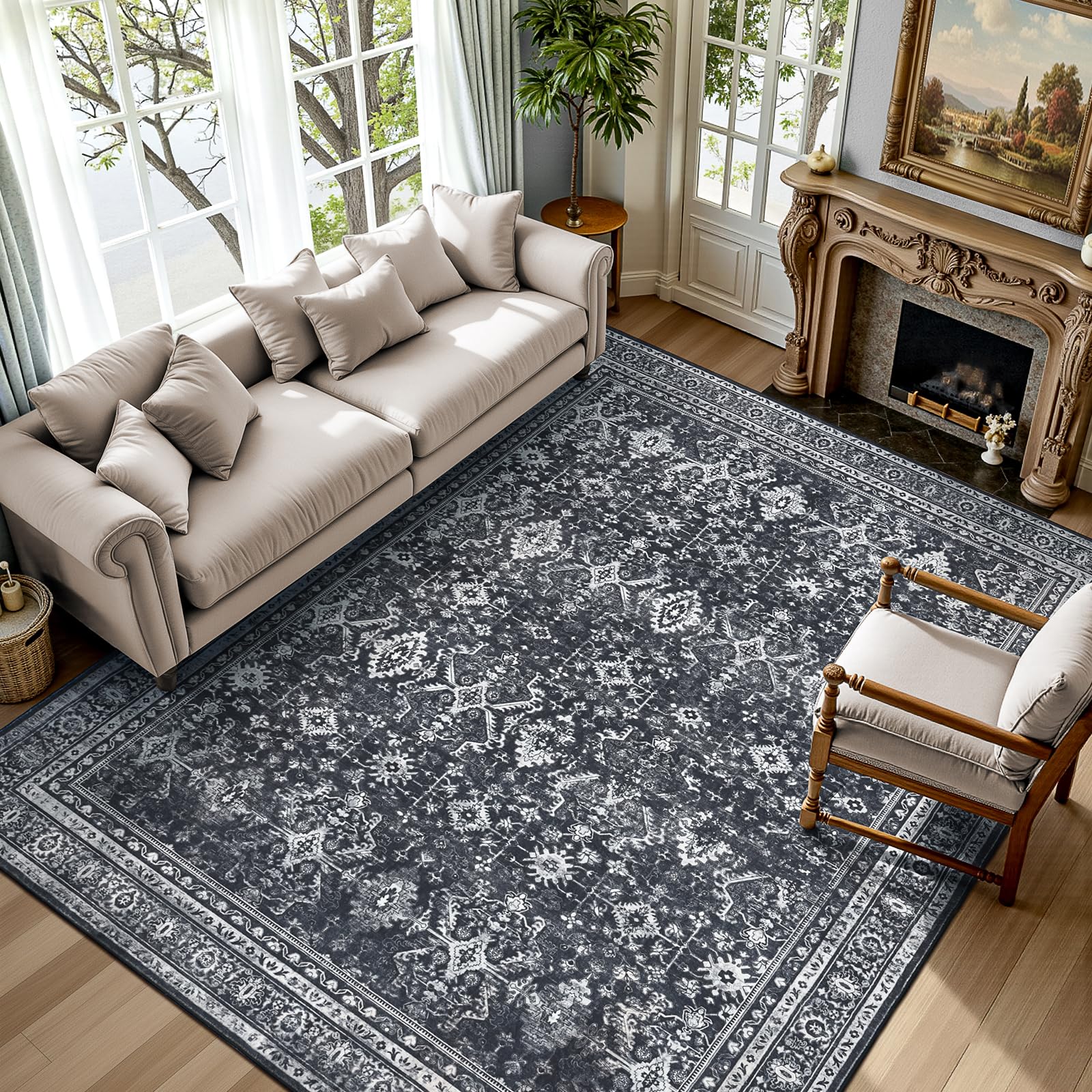 5x7 Area Rugs for Living Room Bedroom, Black Washable Non-Slip Carpet