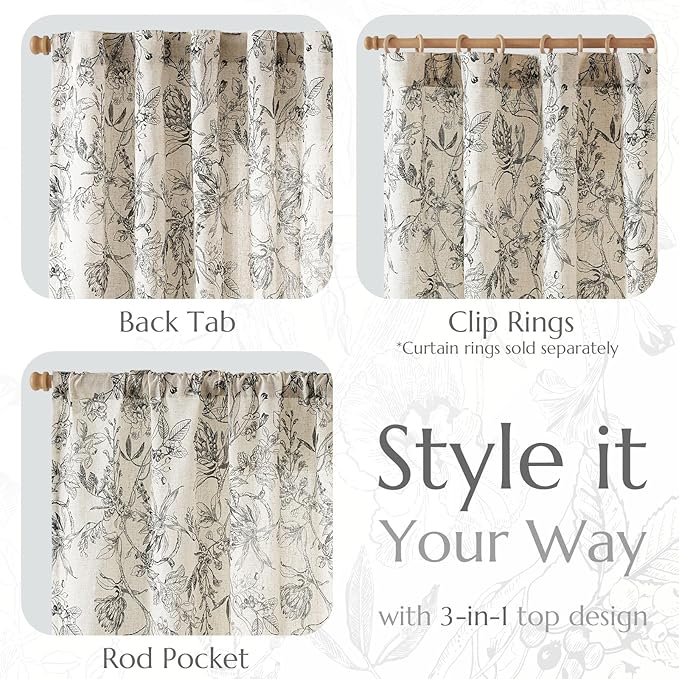 jinchan Floral Curtains 63 Inch Length Black Flower Linen Farmhouse Curtain for Living Room French Country Vintage Curtain Rod Pocket Curtains Set 2 Panels Balck Floral Printed
