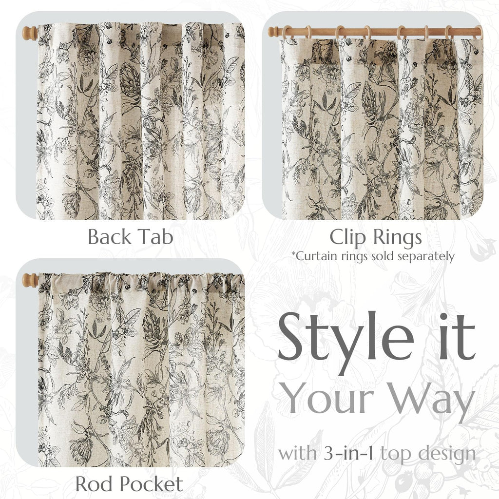 jinchan Black Floral Linen Curtains 108 Inch Farmhouse Rod Pocket 2 Panels