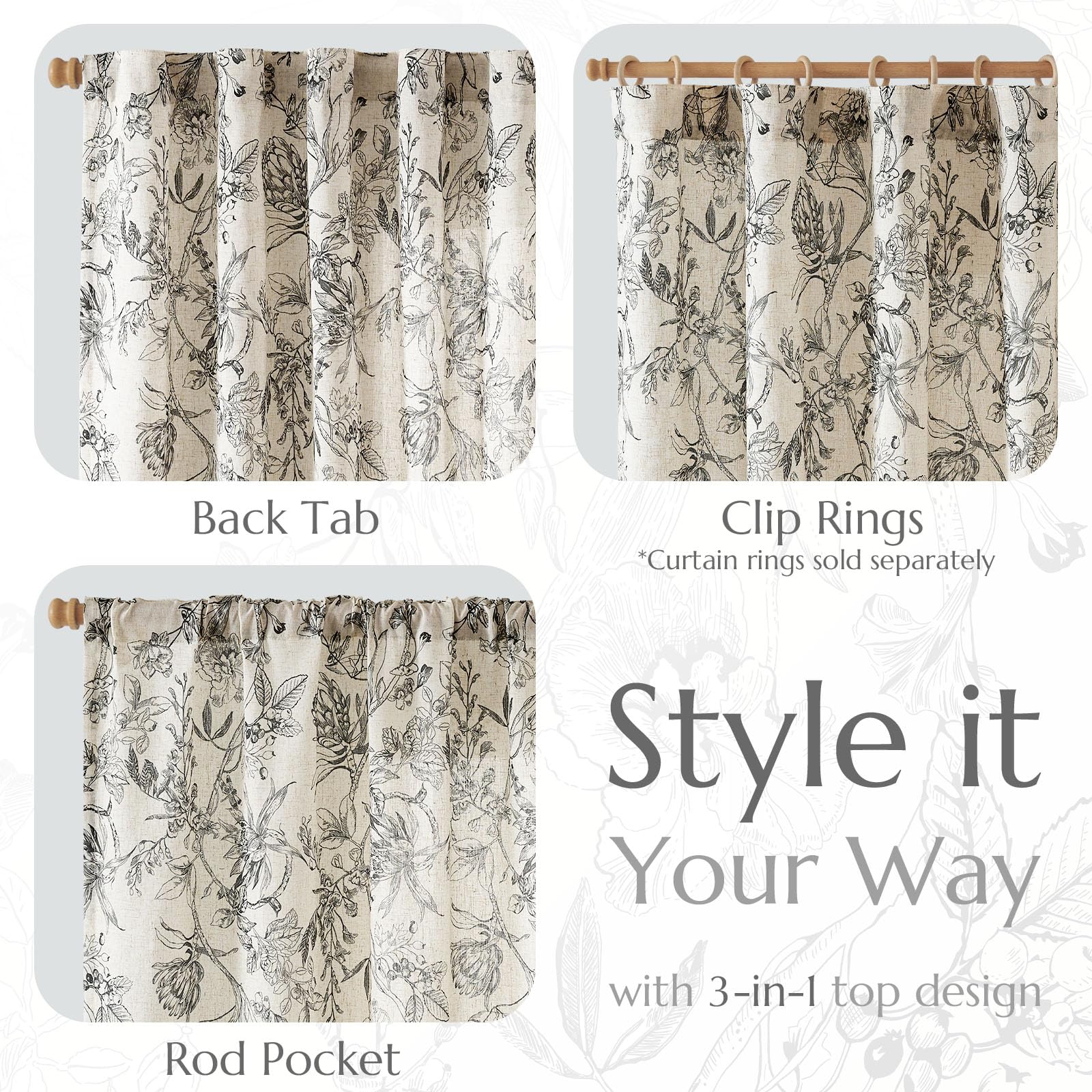 jinchan Black Floral Linen Curtains 108 Inch Farmhouse Rod Pocket 2 Panels