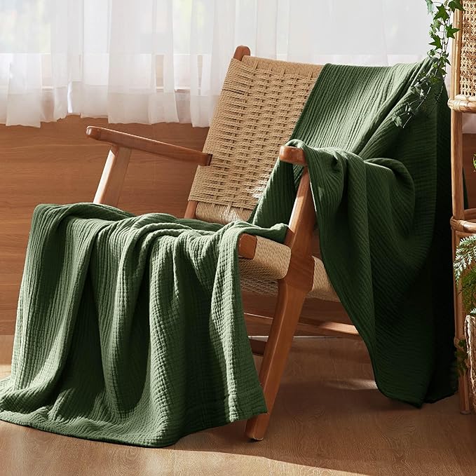 Bedsure 100% Cotton Muslin Throw Blanket Twin XL for Bed - 4-Layer Breathable and Lightweight Soft Gauze Muslin Blankets for Adults, Thin Summer Blanket for College Dorm, Olive Green, 66x90 Inches