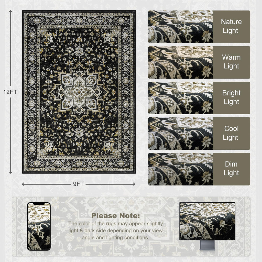 ExpediX 9x12 Area Rugs Living Room: Washable Rug for Bedroom Black Gold