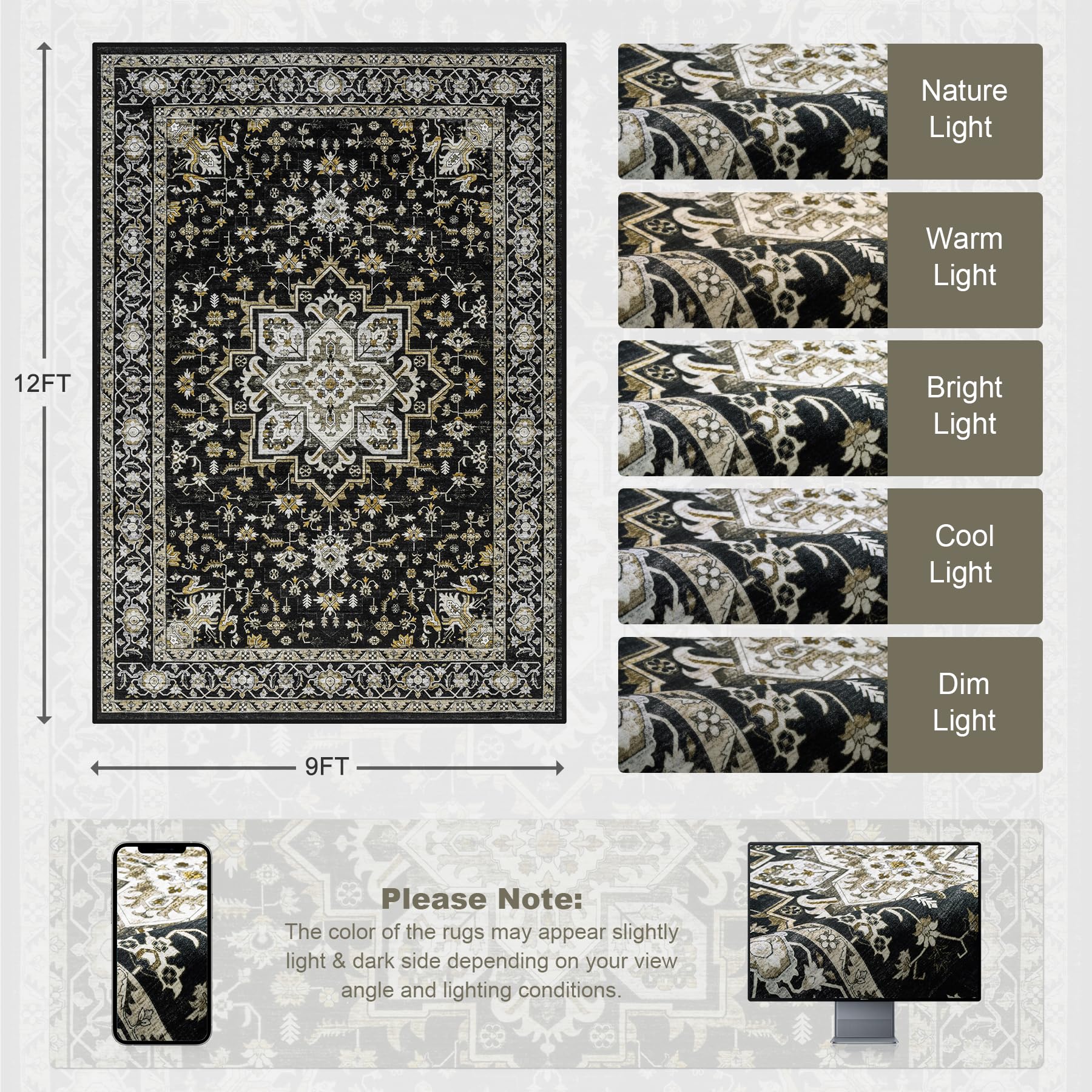 ExpediX 9x12 Area Rugs Living Room: Washable Rug for Bedroom Black Gold
