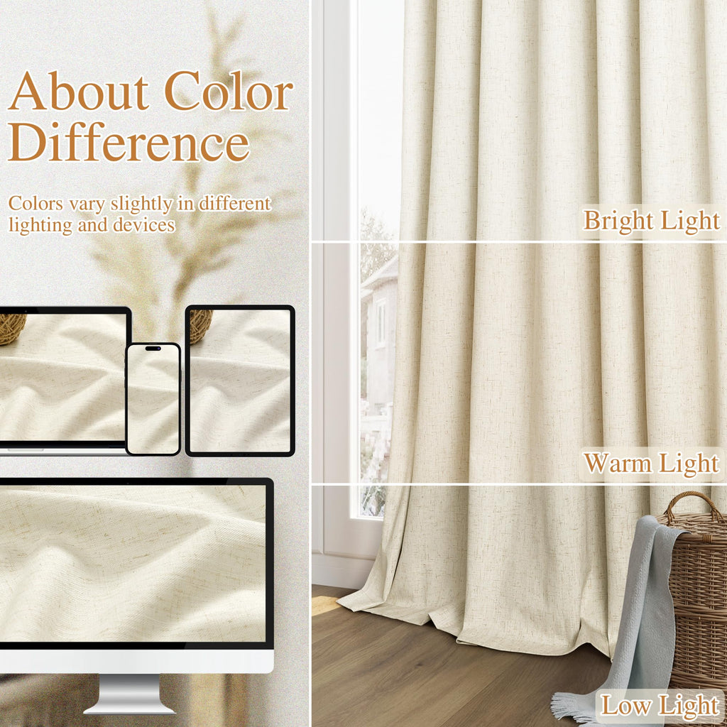 Guken 100% Blackout Curtains 63 Inch Length 2 Panels Set for Living Room Bedroom Back Tab Thermal Insulated Black Out Linen Drapes Room Darkening Window Curtains 63 Inches Long,Warm Beige