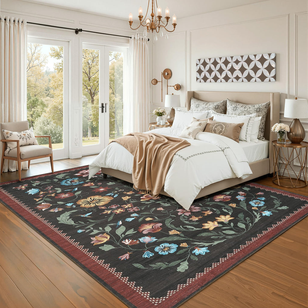 GarveeHome Washable Rug 3x5 Area Rugs for Living Room, Floral Rug for Bedroom, Soft Boho Non Slip Throw Rugs with Rubber Back, Low Pile Stain Resistant Vintage Floral Carpet for Dining Room, Red