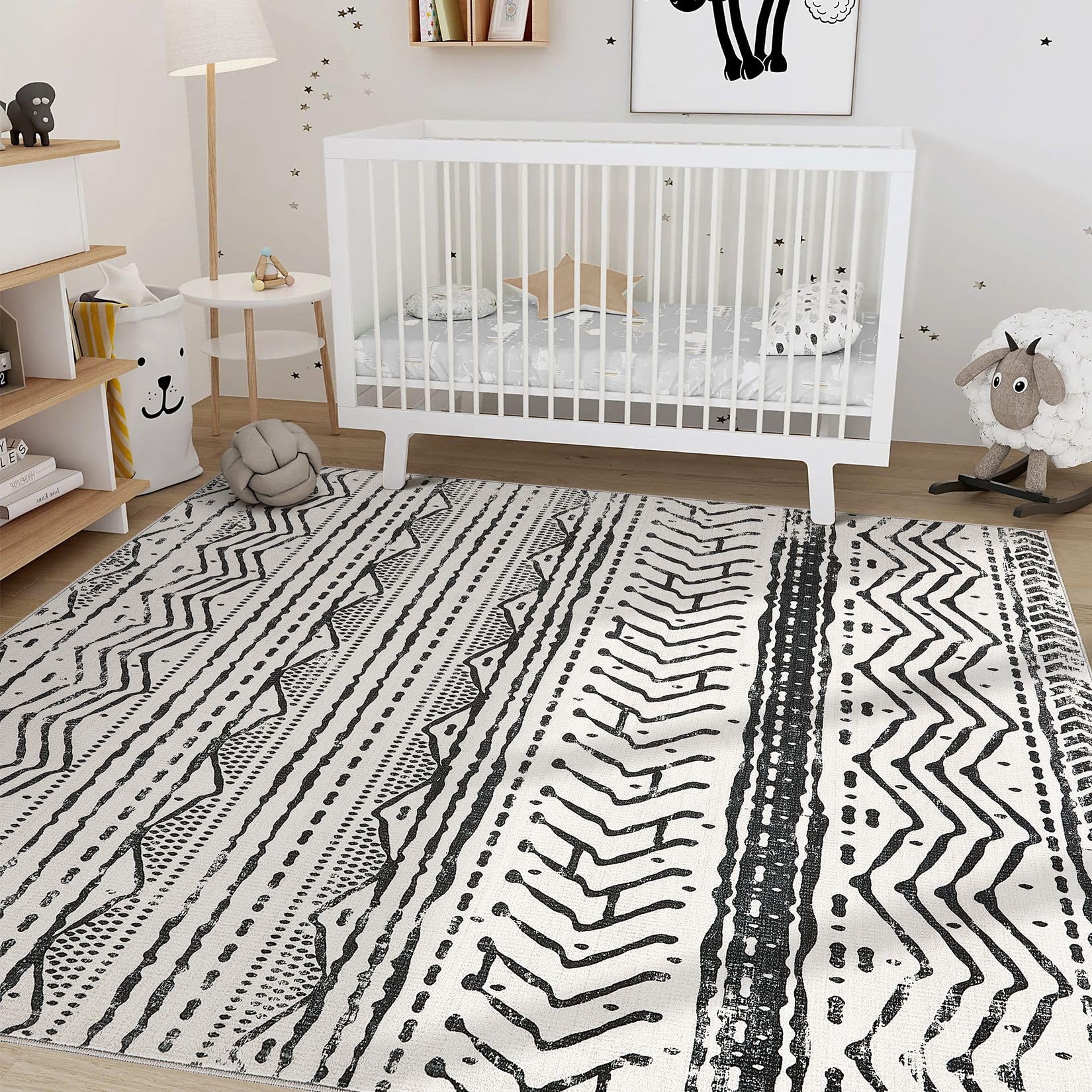Nakagishi Black Rug Living Room Rugs: 10x14 Machine Washable Boho Large Neutral Modern Soft Moroccan Stain Resistant Indoor Floor Non Slip Accent Carpet for Bedroom Nursery Kids Playroom Office