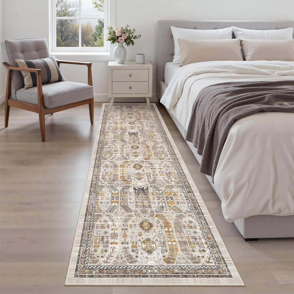 Madane Kitchen Runner Rug 2x7 with Rubber Backing Non Slip, Brown/Gold
