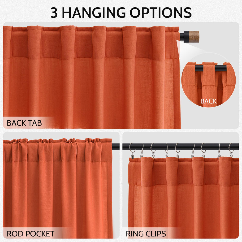 Bright Orange Curtains 63 Inches Long 2 Panel Sets for Living Room Bedroom, Light Filtering Linen Drapes for Kitchen Windows Rod Pocket or Back Tab Curtain,Semi Sheer 52x63