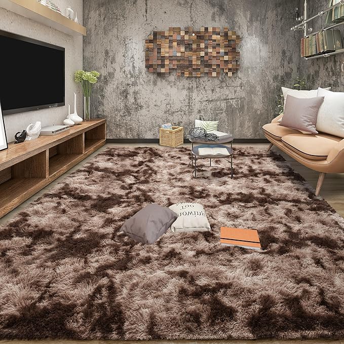 Tepook 9x12 Area Rugs for Living Room Bedroom, Soft Fluffy Plush Shaggy Girls Boys Kids Room Rug, Shag Upgrade Non-Slip Throw Carpet for Dorms Nursery Classroom Home Decor, Tie-Dyed Brown
