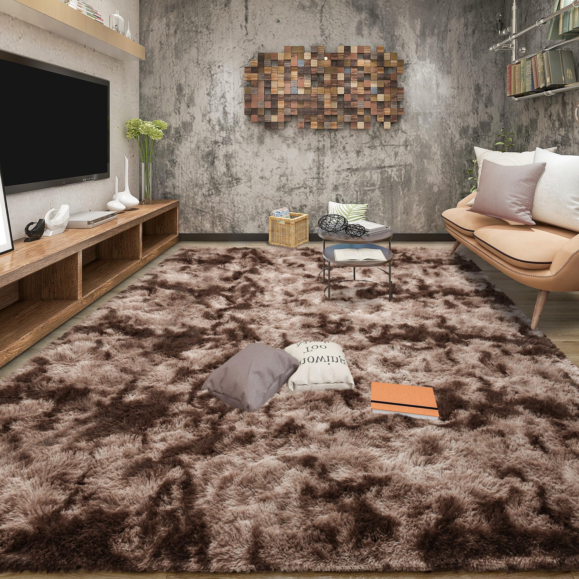Tepook 6x9 Area Rugs for Living Room Bedroom, Soft Fluffy Plush Shaggy Girls Boys Kids Room Rug, Shag Upgrade Non-Slip Throw Carpet for Dorms Nursery Classroom Home Decor, Tie-Dyed Brown