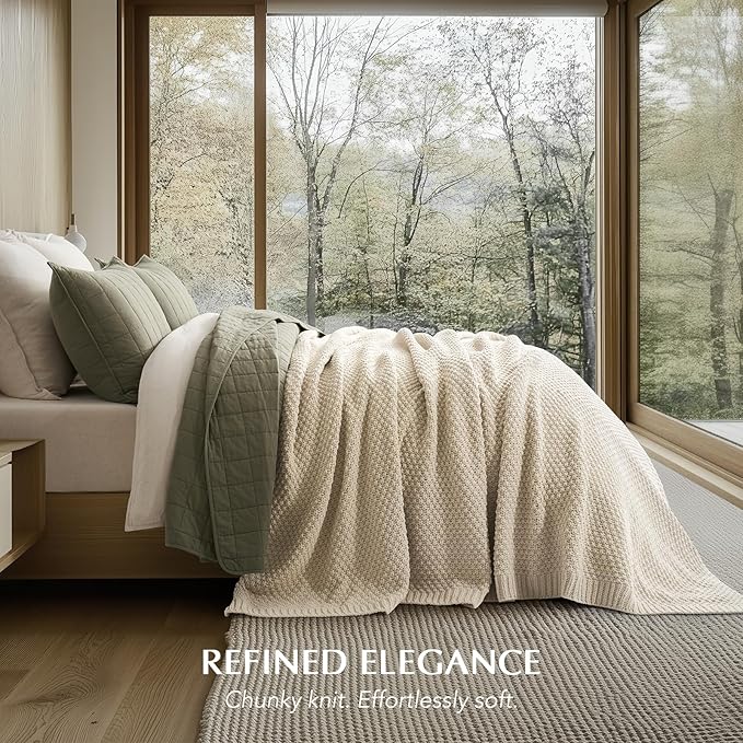 EVERGRACEHOME Chunky Chenille Knit Throw Blanket for Couch, Soft Luxurious Oversized Queen Moss Stitch Blanket for Bed, Cozy Farmhouse Knitted Throw for Sofa, Beige, 90" x 90"