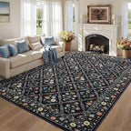 GarveeHome Grey Floral Rug 4x6 Rug Machine Washable Area Rug for Living Room Farmhouse Floral Low Pile for Dining Room, Bedroom Indoor Foldable Non-Slip Navy&Black RV