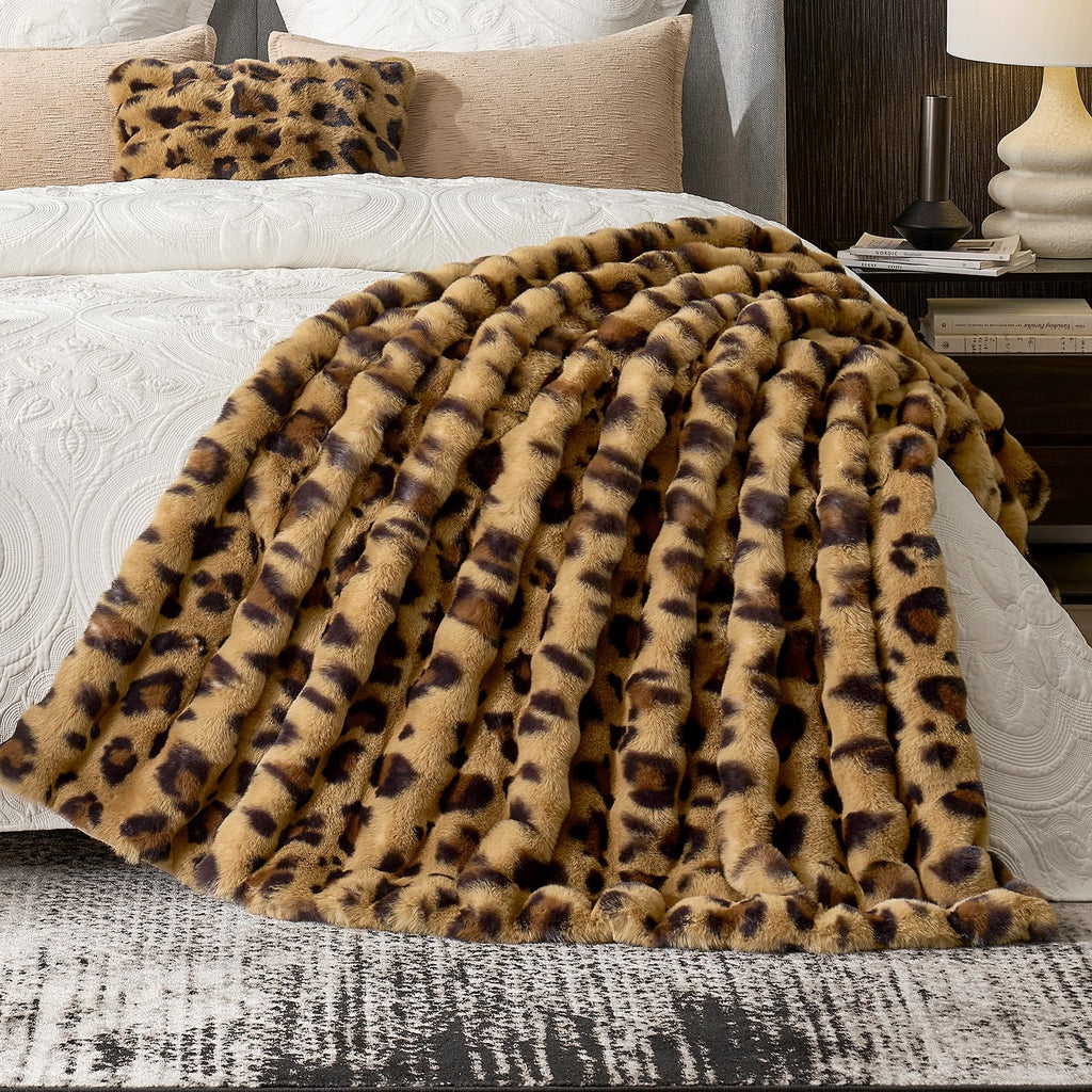 Cozy Bliss Cheetah Leopard Print Faux Fur Throw Blanket for Couch, Fuzzy Soft Plush Thick Bubble Blanket for Sofa Bedroom Living Room, 60x80 Inches Brown