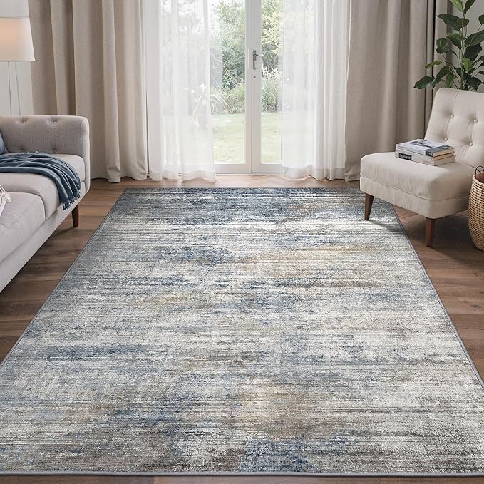 Area Rugs 8x10 for Living Room Bedroom, Modern Abstract Machine Washable Rug, Large Soft Low Pile Floor Carpet with Non Slip Backing for Dining Room, Denim Blue/Taupe