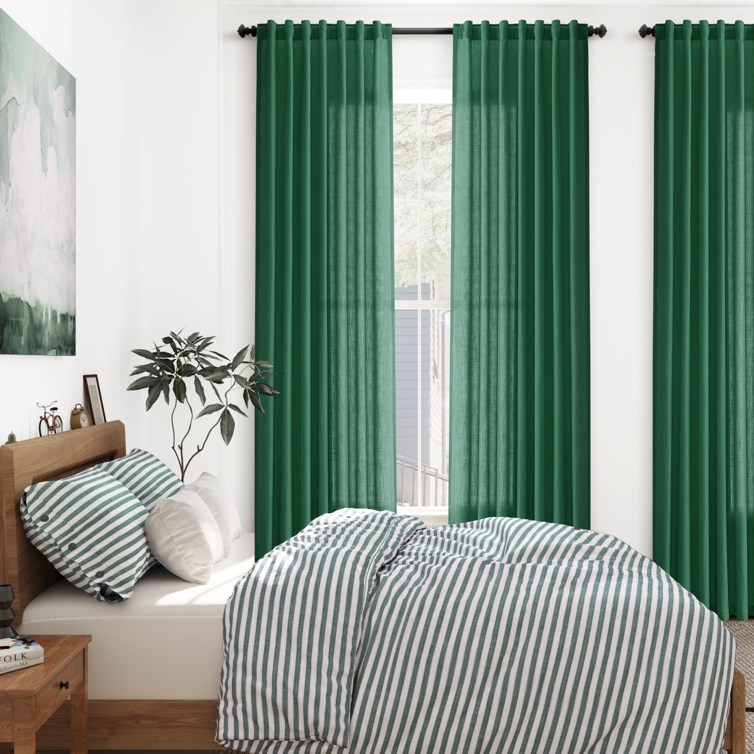 Dark Green Linen Curtains 90 Inch Long 2 Panels Set for Bedroom Living Room Emerald Green Linen Textured Window Drapes Semi Sheer Light Filtering Rod Pocket Back Tab Farmhouse Curtain 52x90