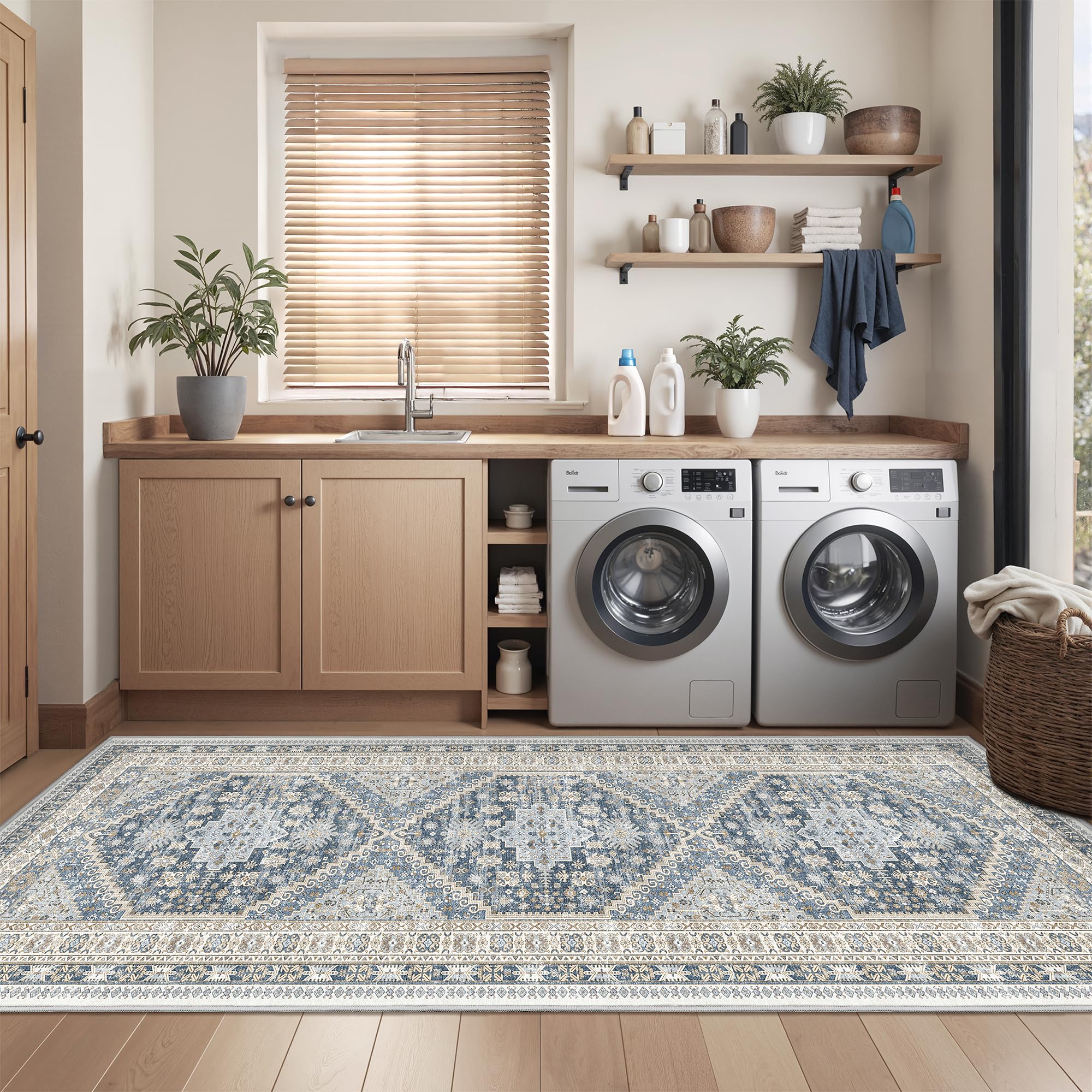 Restydon 3x10 Runner Rug Non Slip Washable Hallway Runner, Blue/Beige