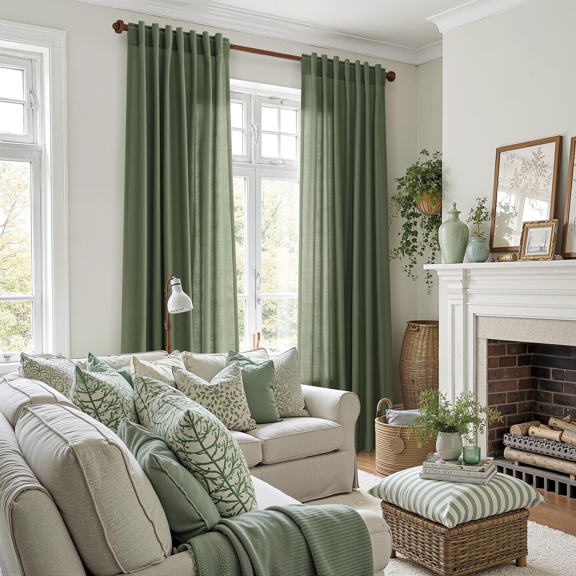 Nanspring Forest Green Linen Curtains for Living Room 90 Inches Long Light Filtering Semi Sheer Curtain Back Tab and Rod Pocket Wabi Sabi Boho Decor Luxury Drapes for Bedroom Office 52x90, 2 Panels