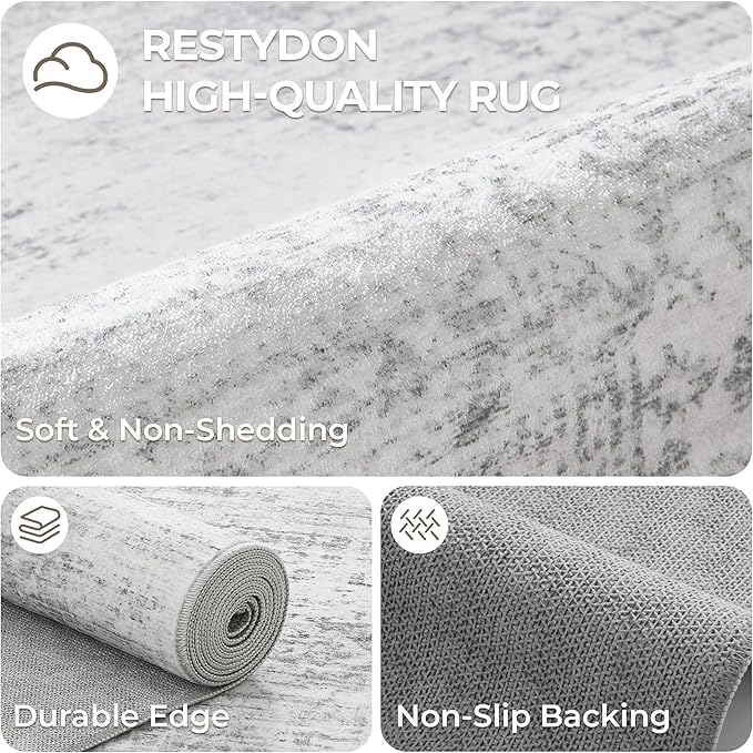2x8 Runner Rug, Washable Runners for Hallways wirh Rubber Backing, Stain Resistant Kitchen Rug, Soft Thin Carpet Runner for Entrance, Bedroom, Living Room Indoor(2'x8', Light Grey/White)