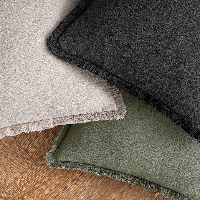 MIULEE Decorative Throw Pillow Covers Neutral Linen Fringe Throw Pillows Euro Shams Set of 2 Black Boho Farmhouse Cushion Covers for Couch Sofa Bed Living Room Spring Home Decor 24x24 Inch