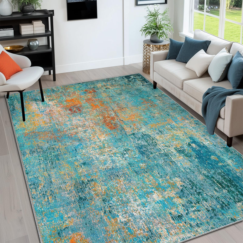 RELEANY Washable 6'x9' Abstract Area Rug for Living Room Teal Multi