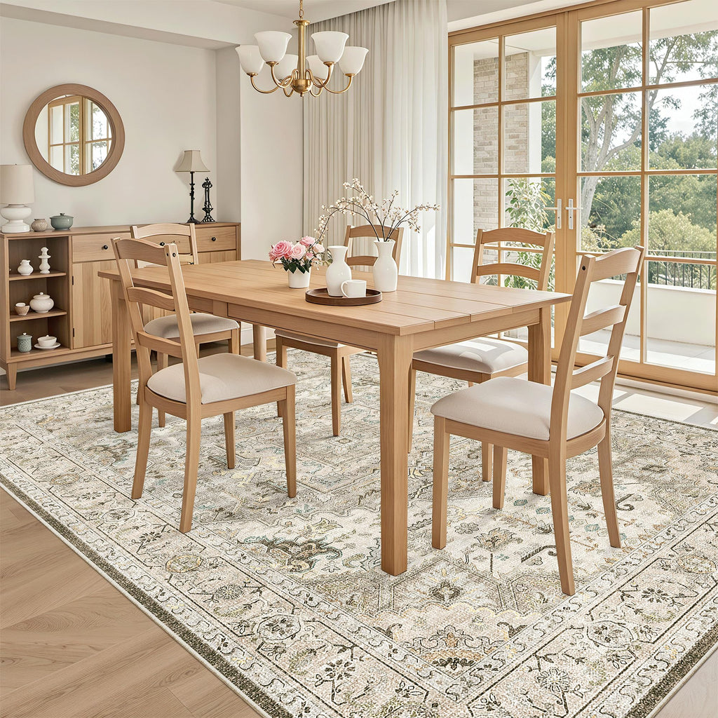 Madane 6x9 Area Rugs for Living Room, Vintage Washable Rug, Ivory/Brown