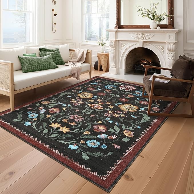 GarveeHome Washable Rug 8x10 Area Rugs for Living Room, Floral Rug for Bedroom, Soft Vintage Non Slip Throw Rugs with Rubber Back, Low Pile Stain Resistant Boho Floral Carpet for Dining Room, Red