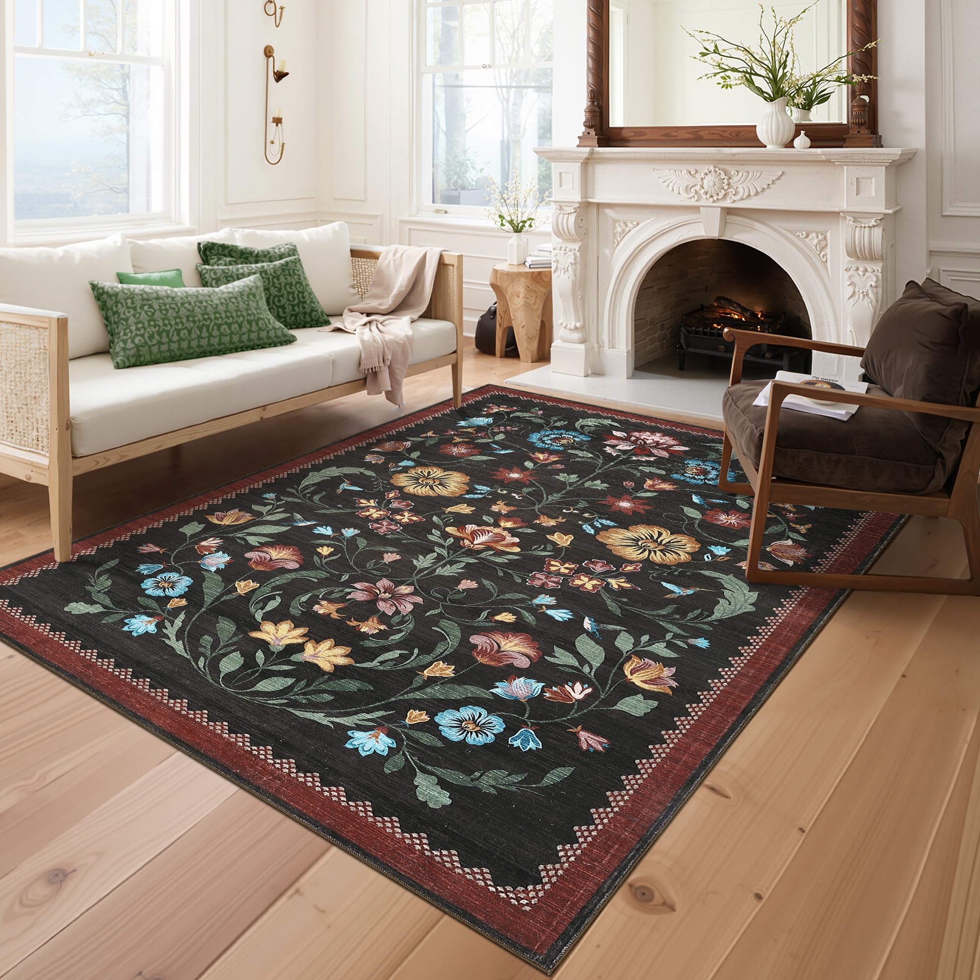 GarveeHome Washable Rug 3x5 Area Rugs for Living Room, Floral Rug for Bedroom, Soft Boho Non Slip Throw Rugs with Rubber Back, Low Pile Stain Resistant Vintage Floral Carpet for Dining Room, Red