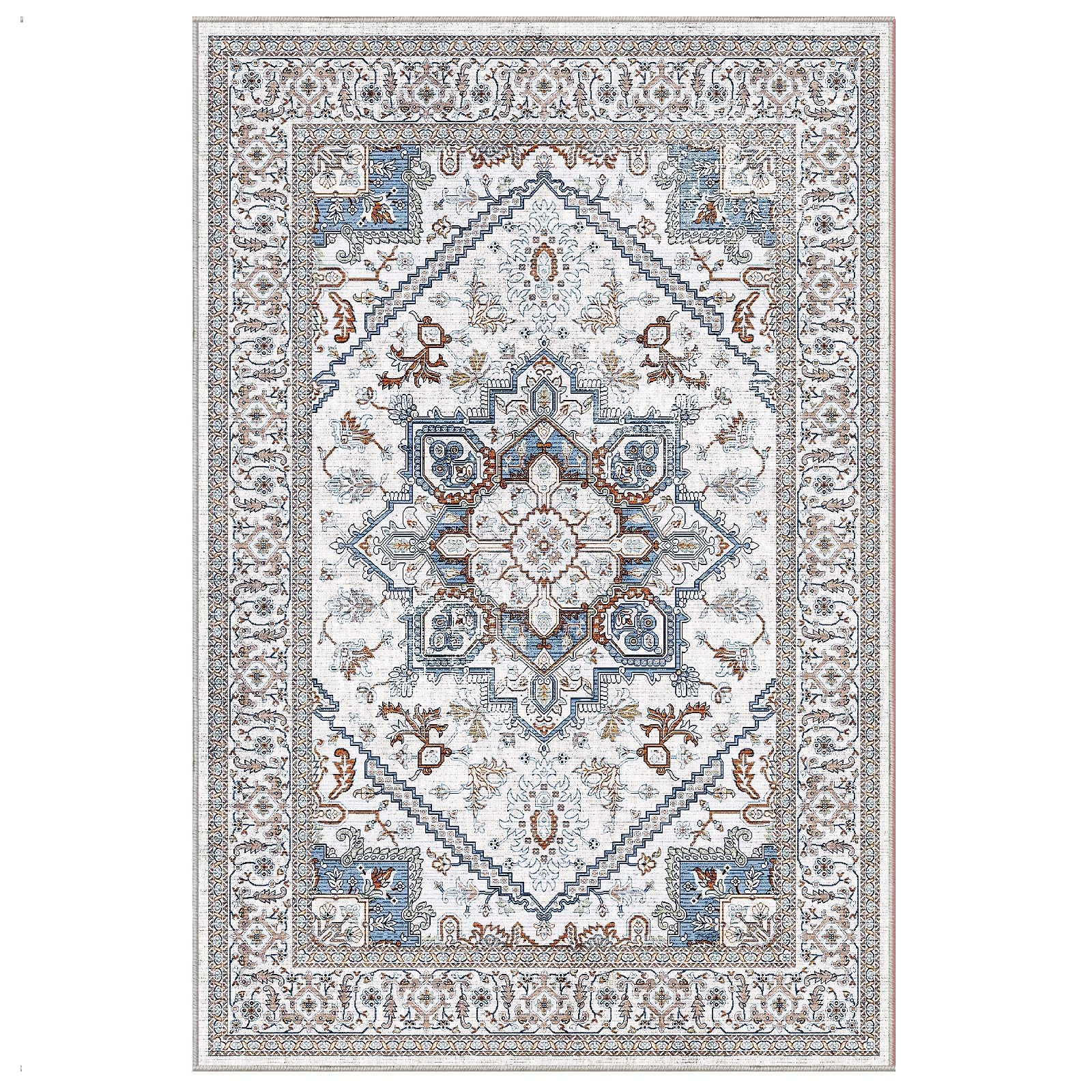 OPPODREAM Soft Area Rugs 6x9, Persian-Inspired Washable Rug, Cream White & Blue