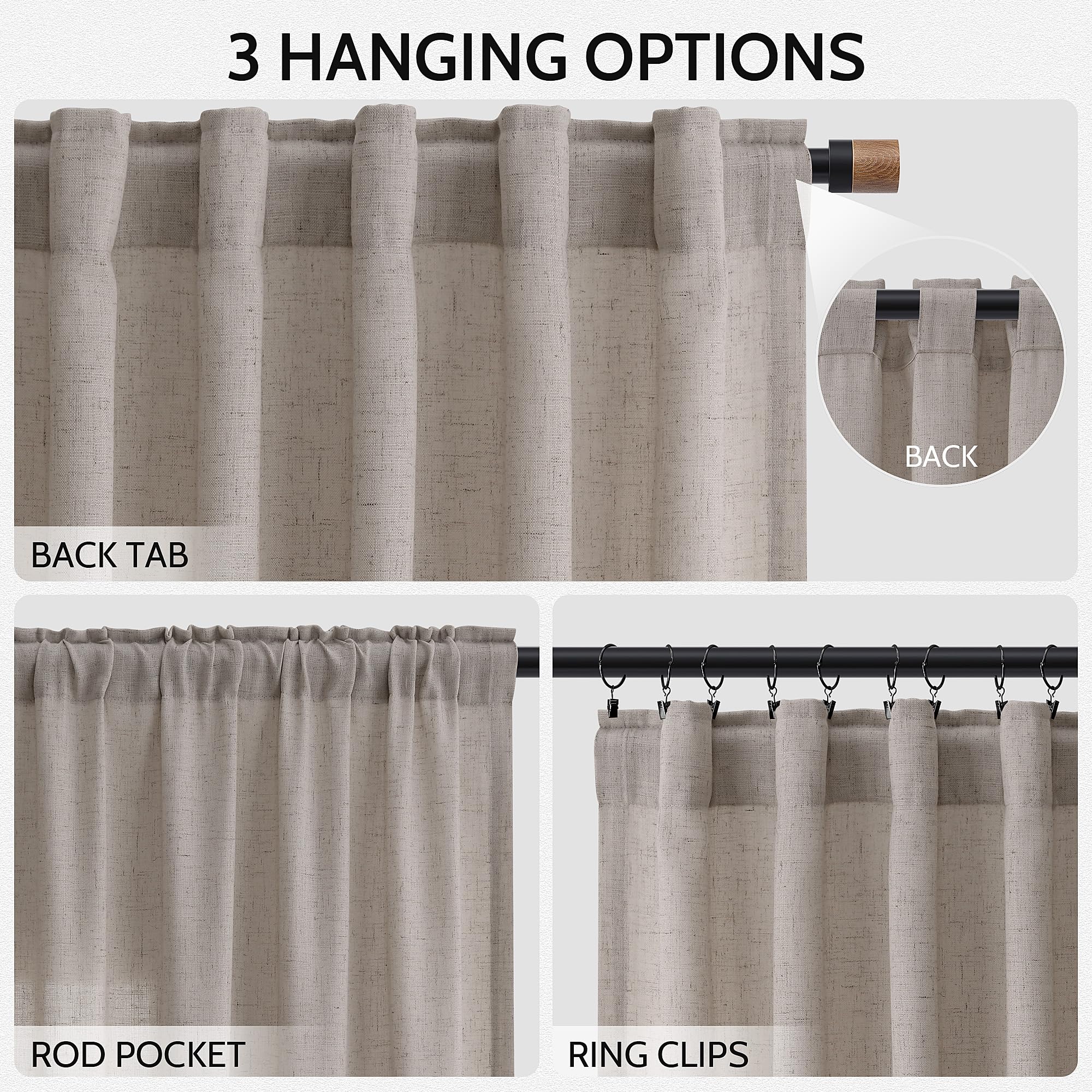Nanspring Stone Beige Linen Curtains 84 Inches Long for Living Room Light Filtering Semi Sheer Curtain Back Tab Simple Modern Elegant Farmhouse Luxury Drapes for Bedroom Office 52x84,2 Panels