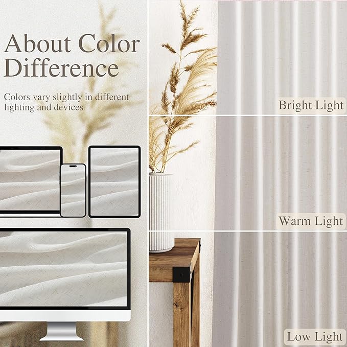 Nanspring Natural Linen Curtains for Living Room 110 Inches Long Back Tab Light Filtering Semi Sheer Curtain Rustic Farmhouse Decor Long Floor to Ceiling High Window for Bedroom 52x110, 2 Panels