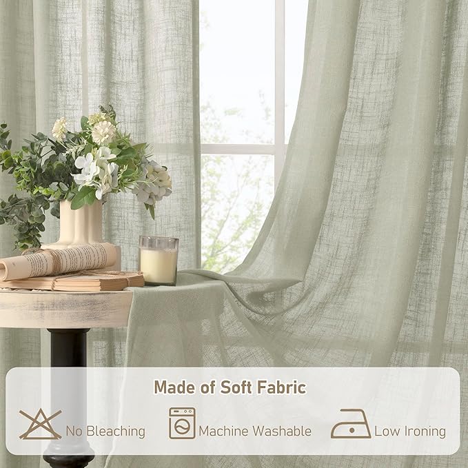 LAMIT Sage Grey Linen Curtains 90 Inch for Living Room, Semi Sheer Panels