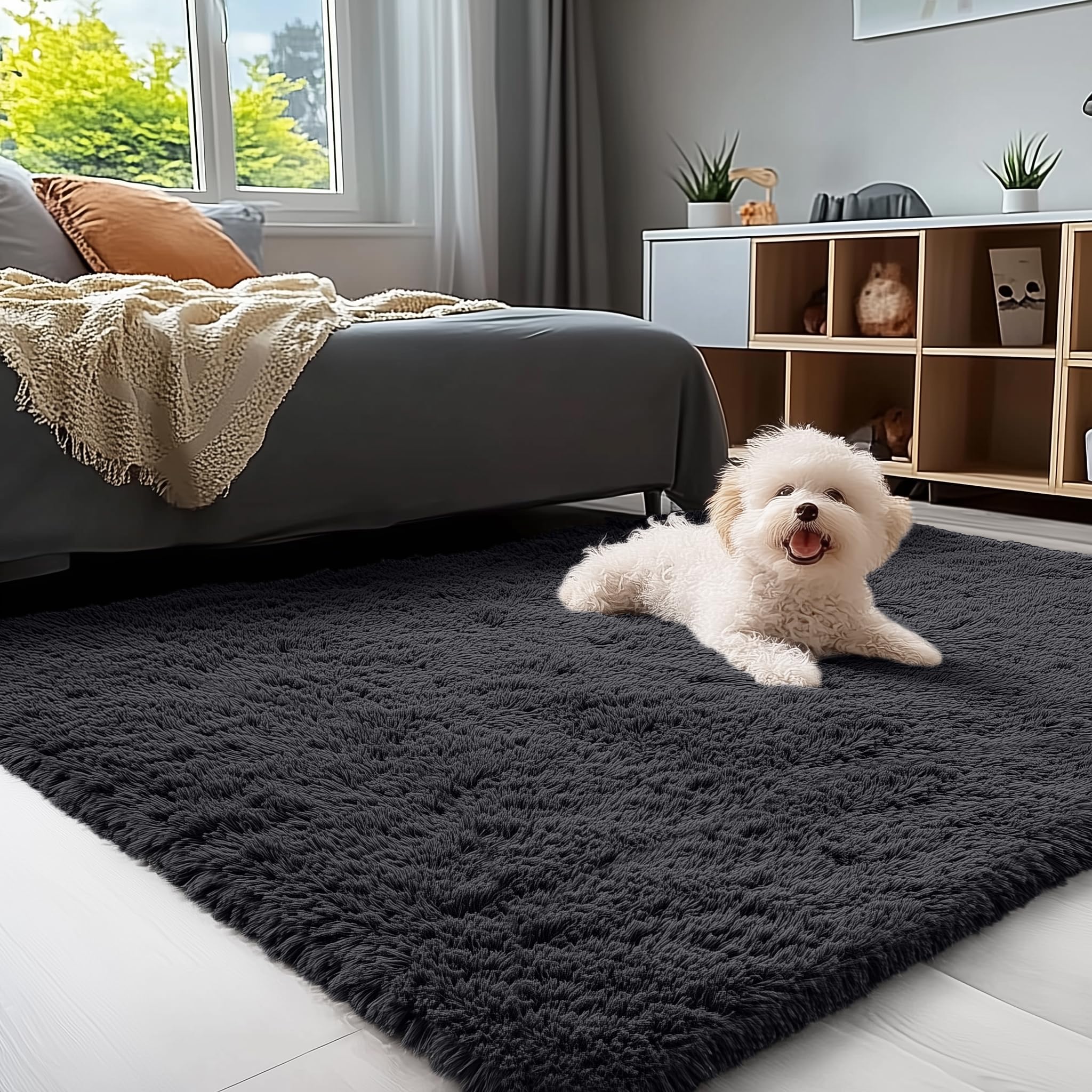 OLANLY 4x11 Area Rugs for Living Room Bedroom, Machine Washable Soft Fluffy Shaggy Bedside Rug, Indoor Floor Carpet for Kids Girls and Boys, Dorms, Nursery Rooms, Home Decor Aesthetic, Black
