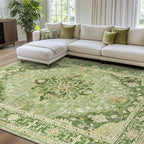 RELEANY Area Rugs 9'x12' Washable Non-Slip, Floral Vintage Distress Print Pattern Medallion Carpet for Living Room Bedroom Dining Room, Sage Green Yellow