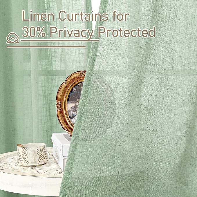 LAMIT Linen Curtains 48 Inch Length Semi Sheer Light Filtering 2 Panels