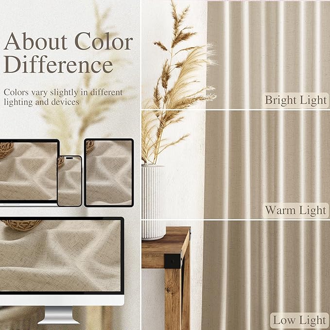 Nanspring Taupe Burlywood Linen Curtains 84 Inch Length for Living Room Rustic Farmhouse Light Filtering Semi Sheer Curtain Back Tab Privacy Burlap Drapes for Bedroom Office 52x84, 2 Panels