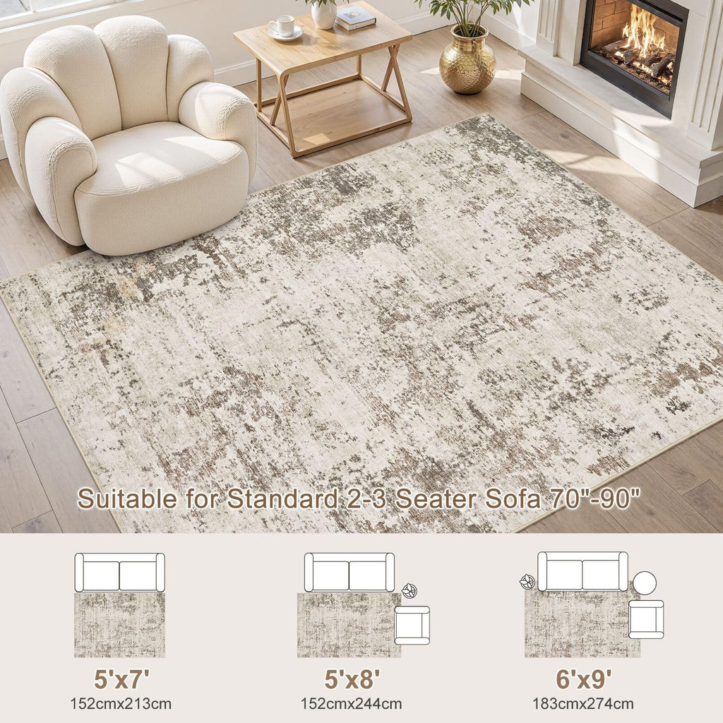 UERMEI 5x7 Area Rug Living Room Rugs - Washable Neutral Modern Abstract Soft Thin Large Rug Indoor Floor No Slip Rug Carpet for Bedroom Under Dining Table Home Office Decor - Dark Brown
