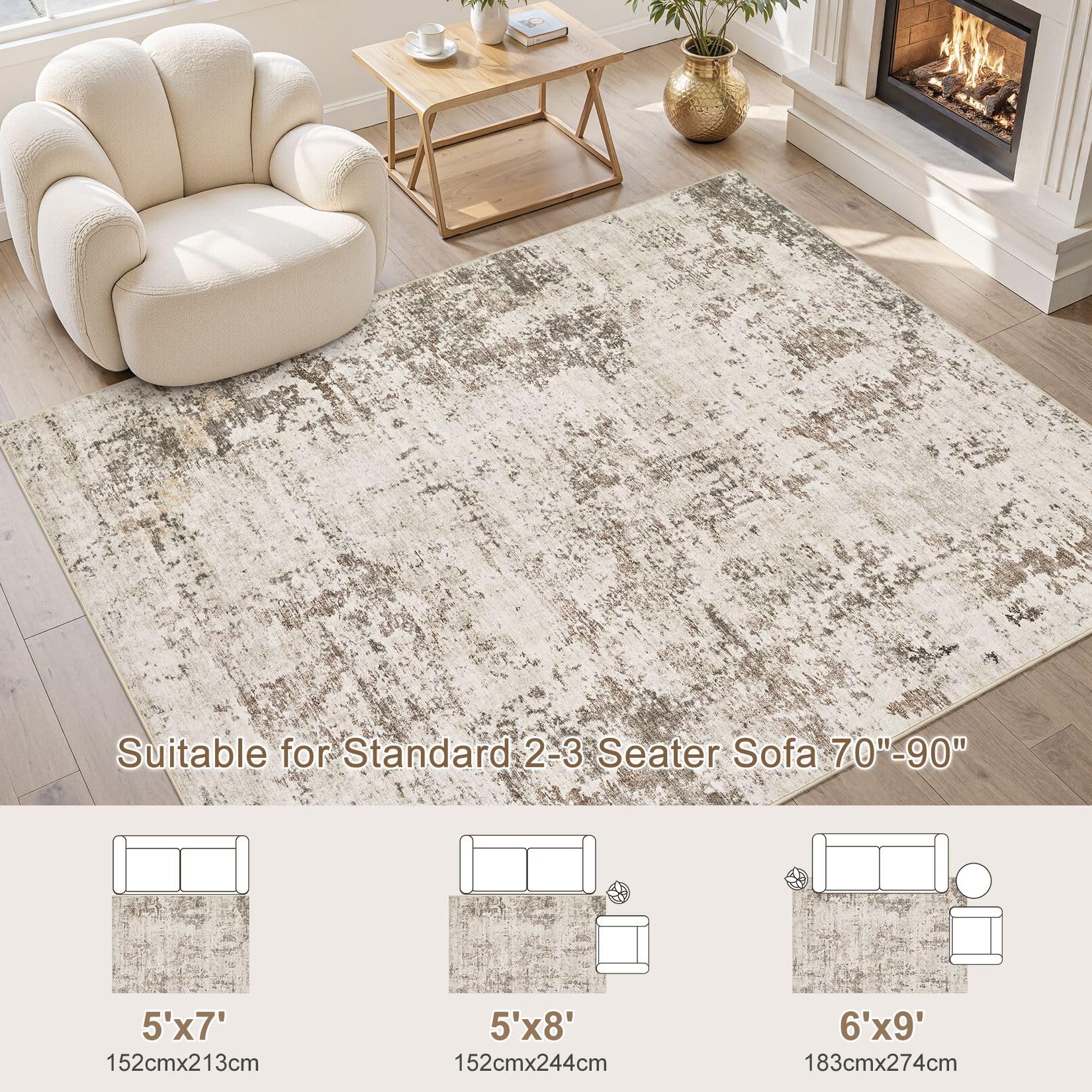 UERMEI 5x7 Area Rug Living Room Rugs - Washable Neutral Modern Abstract Soft Thin Large Rug Indoor Floor No Slip Rug Carpet for Bedroom Under Dining Table Home Office Decor - Dark Brown