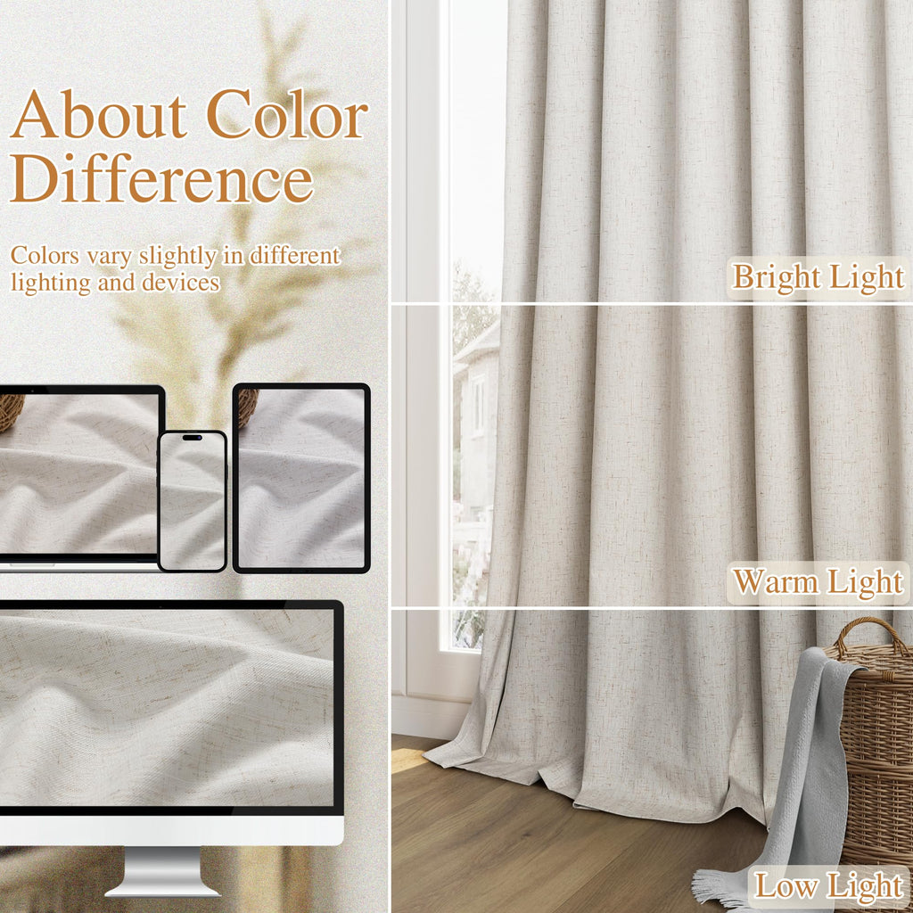 Guken 100% Black Out Light Beige Linen Curtains 90 Inch Long for Living Room Back Tab Rod Pocket Modern Farmhouse Thermal Insulated Drapes for Bedroom Black Out Window Curtain 2 Panels, 52x90