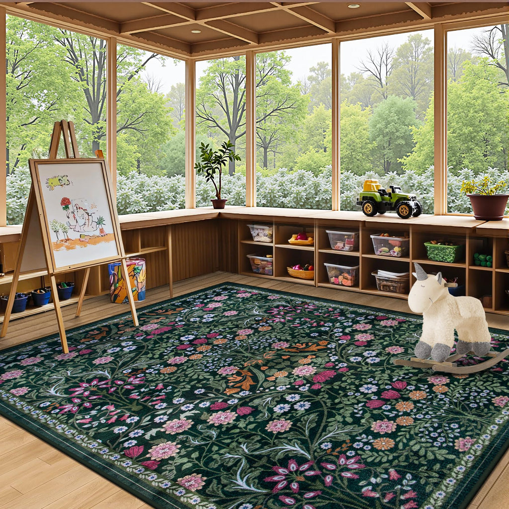 PLHXFR Area Rug Living Room: 4x6 Floral Washable Boho Carpet Dark Green