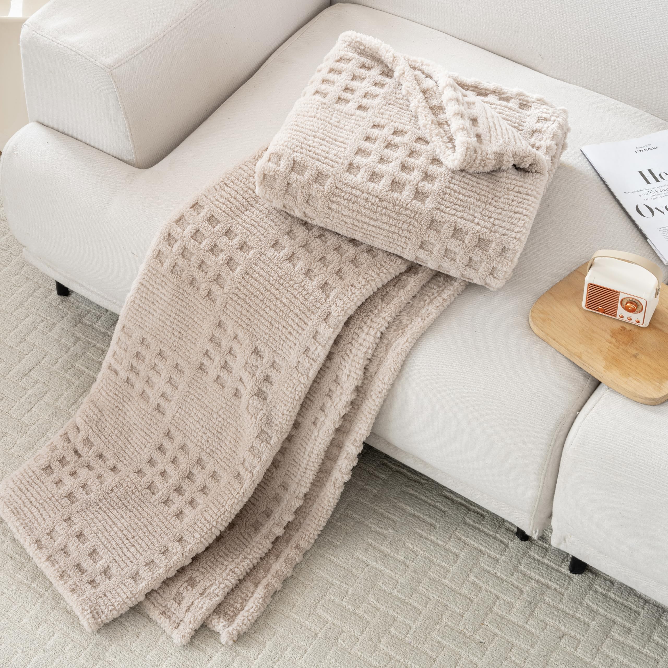 60x80 Inch Waffle Brown Twin Blanket -Fluffy Fleece, Neutral Tan Color, Cute & Aesthetic, Perfect for Sofa, Couch, Chair, Bed, Living Room & Bedroom, All-Season Use, Plush & Cozy Decorative Blanket