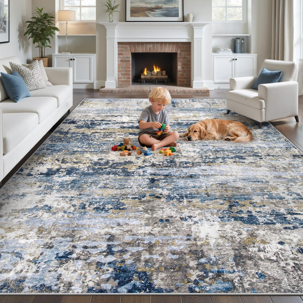 pmtsns Area Rugs 9x12 for Living Room: Washable Rug Modern Abstract Neutral Soft Non-Slip Low-Pile Indoor Large Carpet for Bedroom Dining Room Playroom Home Office (Blue Grey Brown, 9'x12')