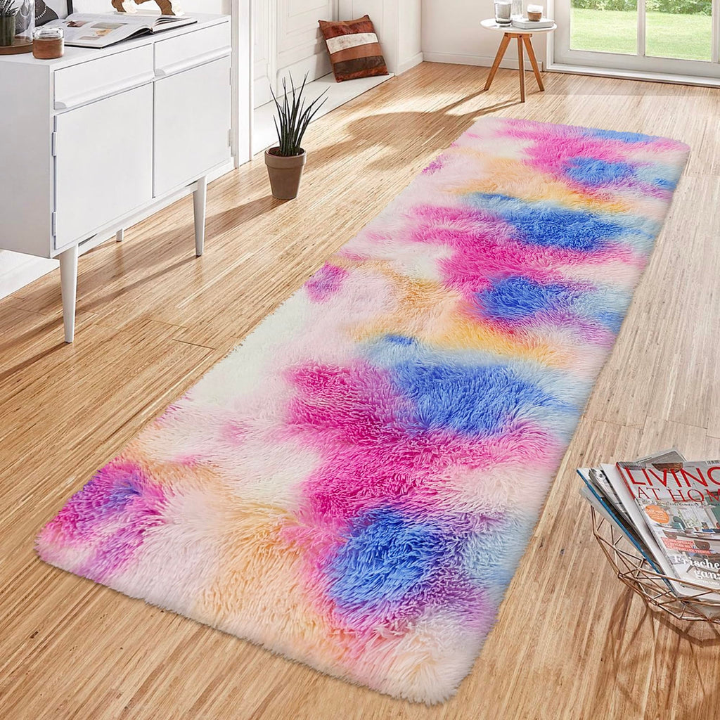 JiaoBaba Fluffy Colorful Rug for Bedroom 2x6 ft Kawaii Tie-Dyed Area Rug Non Slip Cute Unicorn Kids Runner Rug for Girls Princess Teens Living Room Playroom Baby Nursery Decor Carpets