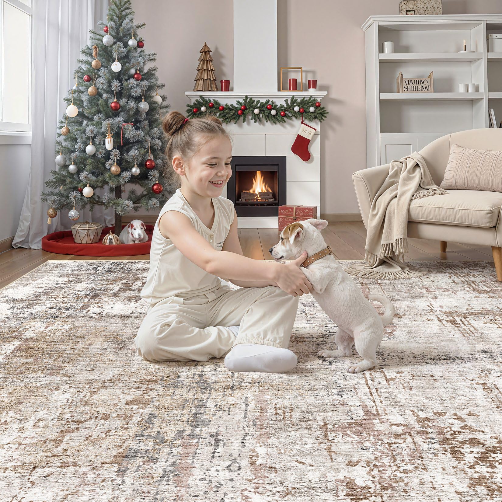 UERMEI Square Area Rugs: Washable 6x6 Neutral Modern Abstract Carpet for Living Room Bedroom - Soft Floor Mat with Non Slip Backing for Kitchen Nursery Dorms Farmhouse Home Decor - Brown/Grey/Red