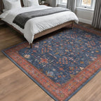 Hazo Haus Dark Blue & Terracotta 5x8 Living Room Rug - Machine Washable Area Rugs for Bedroom, Dining Room, Kitchen Floor, Small Office, Low Pile Non-Slip Rubber Backing & Stain Resistance