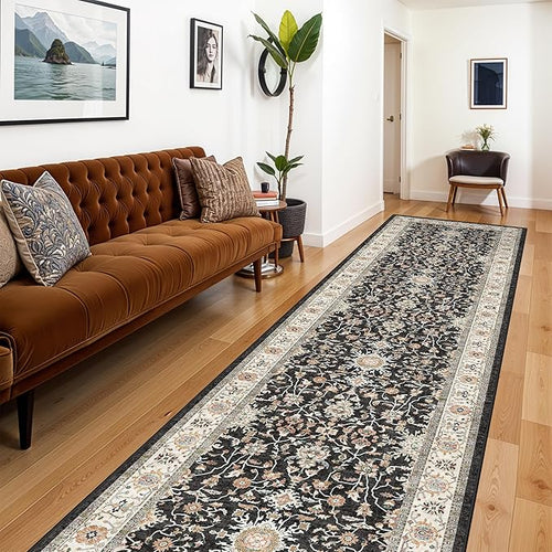 3x12 Long Hallway Runner Rug: Vintage Non-Slip Washable Rugs for Hallway Black Stain Resistant Soft Wide Carpet Boho Low Pile Thin Kitchen Floor Mat for High-Traffic Area (Black, 3x12)