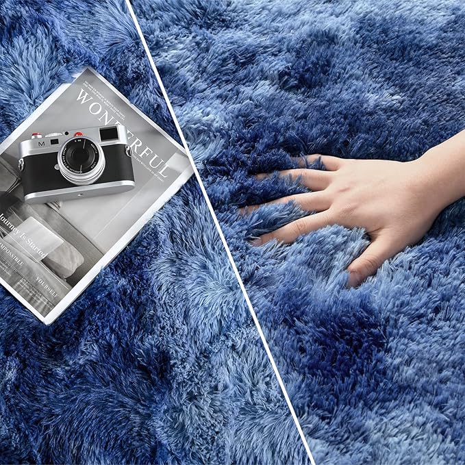 Deerhoo Large Shag Area Rugs 6 x 9, Tie-Dyed Plush Fuzzy Rugs, Navy Blue
