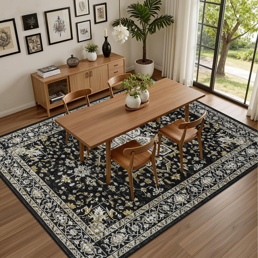 ExpediX 9x12 Area Rugs Living Room: Washable Rug for Bedroom Black Gold
