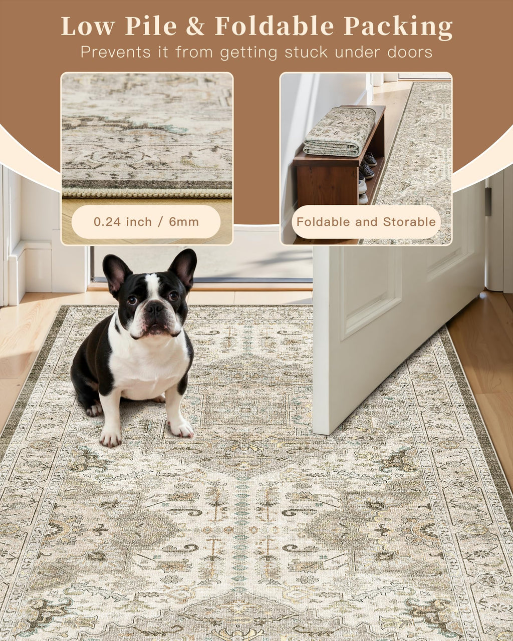 Madane Hallway Runner Rug 3x10 Washable Kitchen Runners 10ft, Ivory/Brown