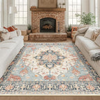 RELEANY Area Rugs Square 8ft Washable Non-Slip, Floral Vintage Distress Print Pattern Medallion Carpet for Living Room Bedroom Dining Room, Beige Navy Blue Orange Colorful